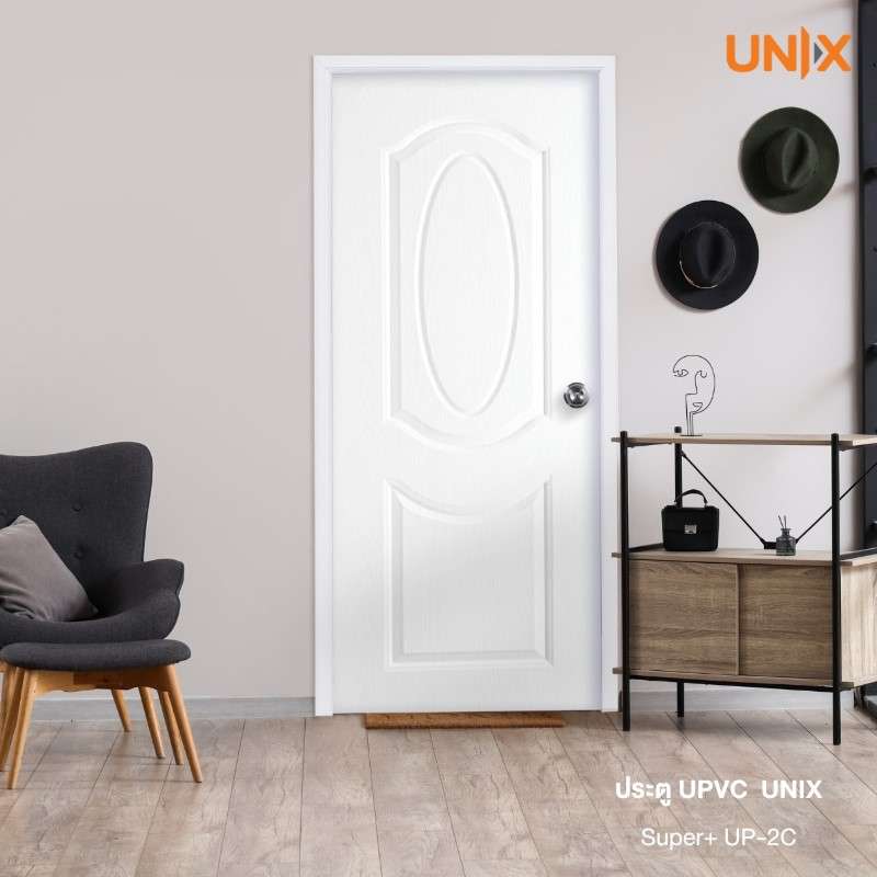 ประตู UPVC 80x200 UNIX สำหรับภายนอก UP-2C ผิว A  สีขาว เจาะลูกบิด-1