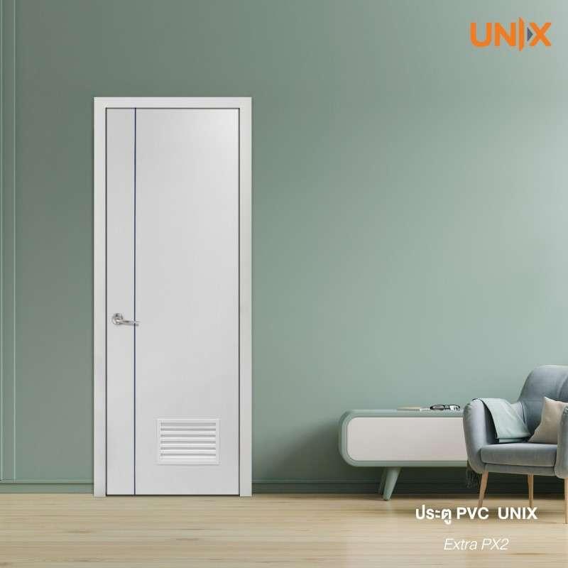 ประตู PVC UNIX รุ่น Extra PX2 เซาะร่องน้ำเงิน สีขาว 70x200 ซม. (ไม่เจาะลูกบิด)-1