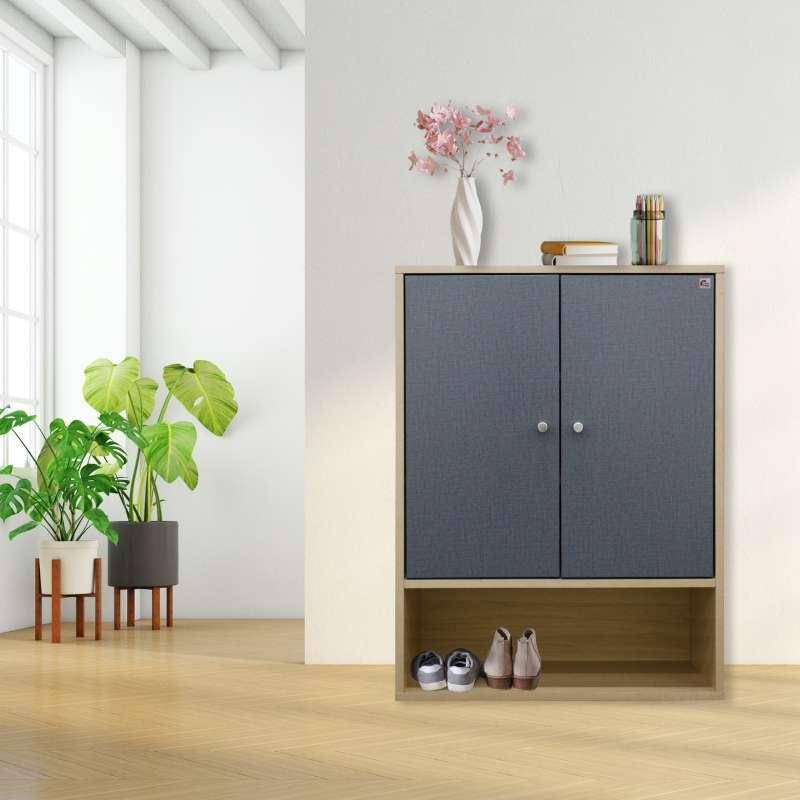 ตู้วางรองเท้า 60X36x80 cm  สีลายไม้อ่อน หน้าบานเทา HOMECHOICE-1
