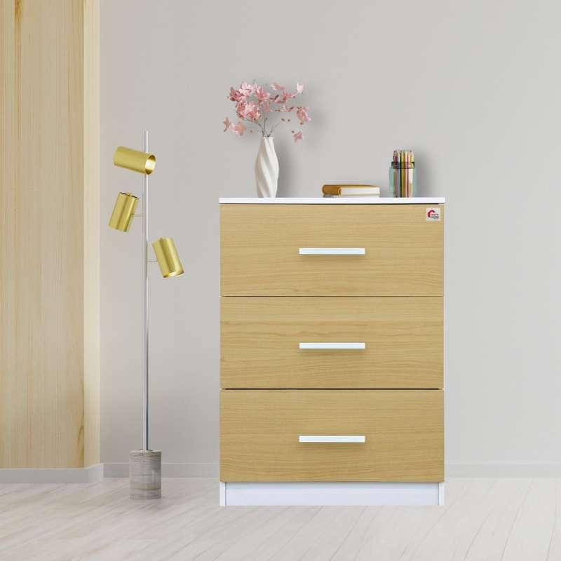 ตู้ลิ้นชัก 3 ชั้น 59X39x80  cm  สีขาวอ่อน หน้าบานลายไม้อ่อน HOMECHOICE-1