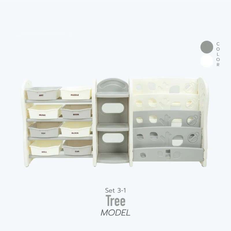 ชั้นวางกล่องใส่ของ พร้อม ชั้นวางหนังสือ และ ชั้นวาง 2 ชั้น Bebeplay รุ่น Tree สีเทา ขาว-1
