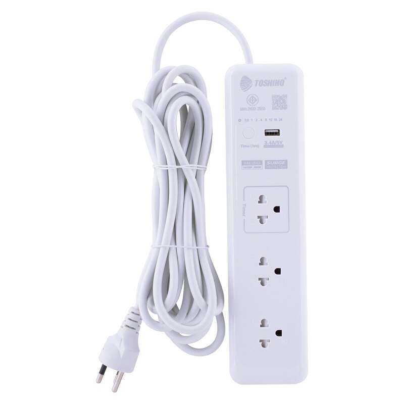 รางปลั๊ก TOSHINO รุ่น WT-33 3 ช่อง 3 ม.+1USB + Timer 24 ซ.ม.(10A/2300W) (1ช่องตั้งเวลาได้) สีขาว-1