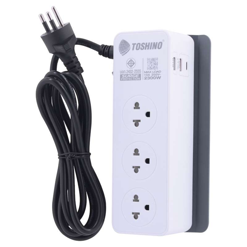 รางปลั๊ก TOSHINO 3 ช่อง PD20W+QC3.0+1USB 3.4A 1 สวิตช์ 2 ม. รุ่น CW20PD-2M (10A/2300W)
-1