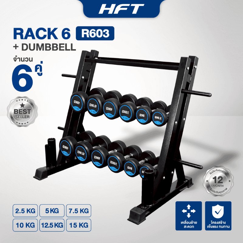 เซ็ตดัมเบล 6 คู่ HFT 2.5-15 kg แบบกลม พร้อมแร็ค R603 - Homefittools-1