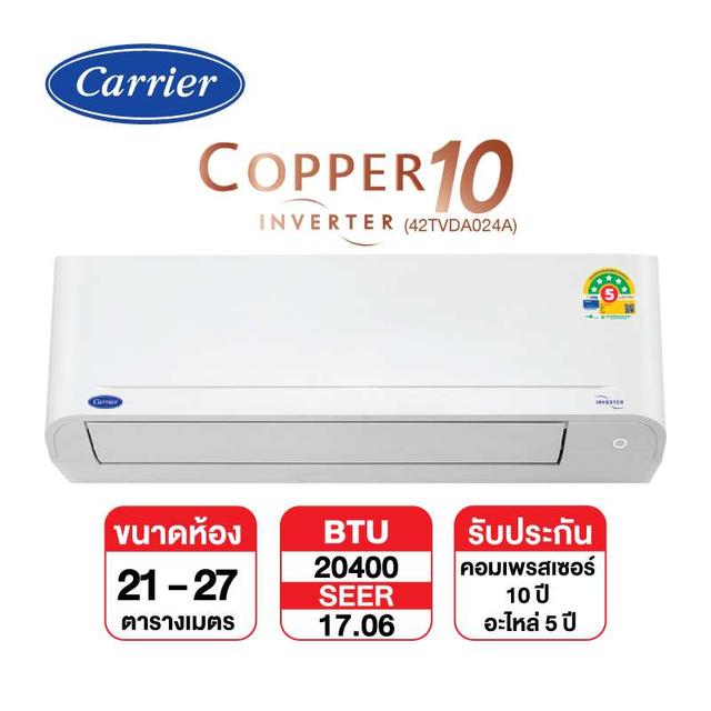 แอร์ติดผนัง CARRIER รุ่น COPPER 10 TVDA024A Inverter ขนาด 20400 BTU อินเวอร์เตอร์ (ไม่รวมติดตั้ง)